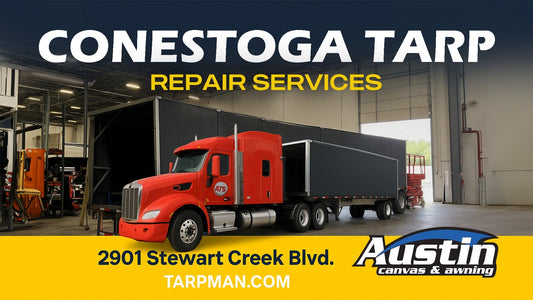 Conestoga trailer with red semi-truck receiving tarp repair at Austin Tarp & Cargo Controls facility, highlighting tarp repair services at 2901 Stewart Creek Blvd.