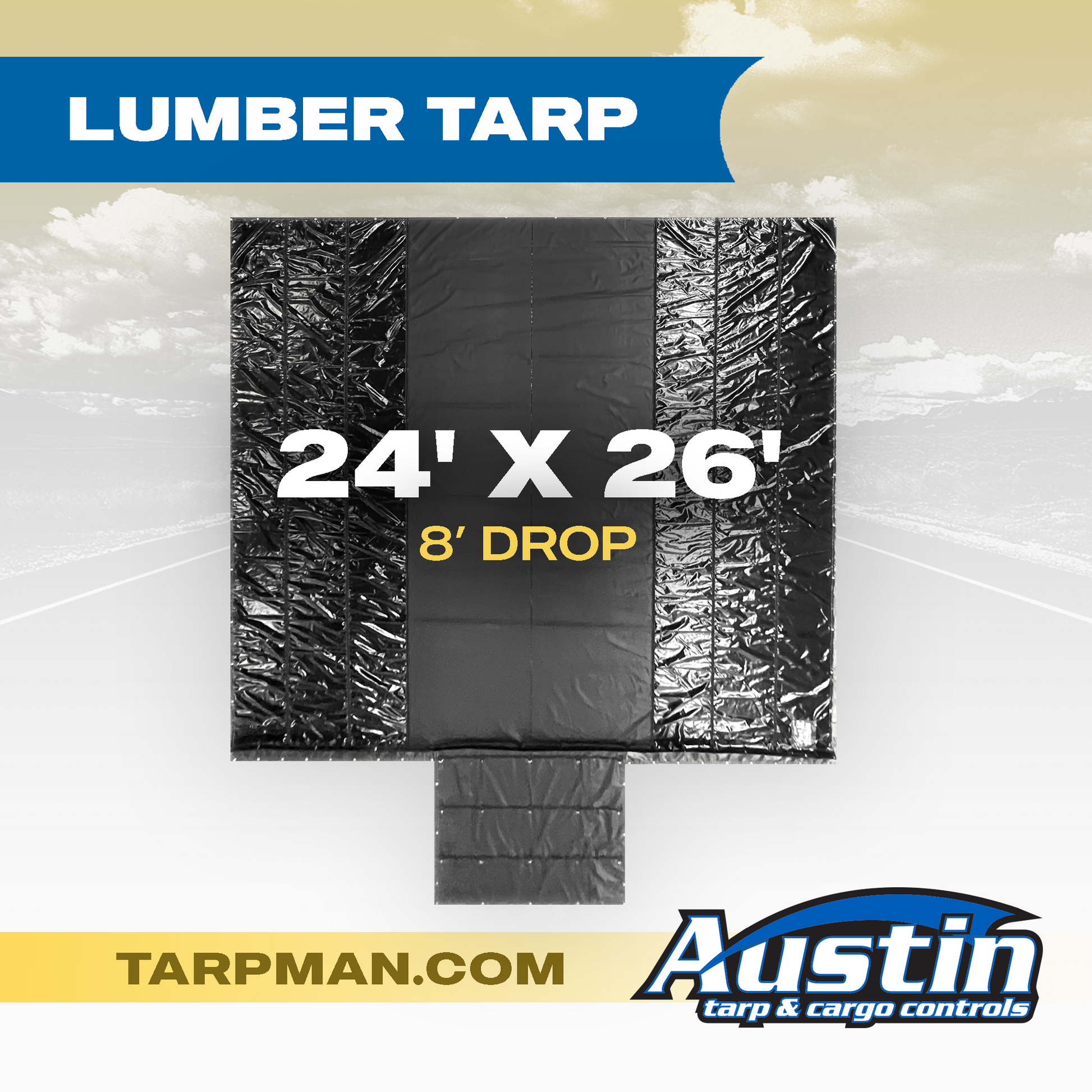 24' X 26' Lightweight Lumber Tarp w/ 3 Rows of D-Rings & End Flap Tarpman.com | Austin Tarp & Cargo Controls