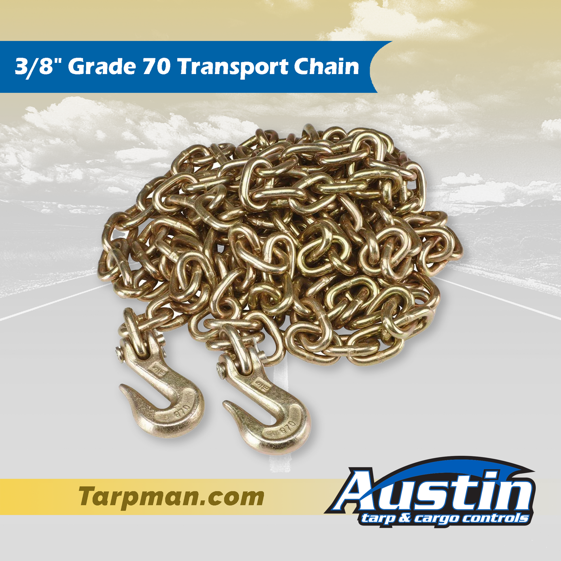 New 3/8 x 25' Grade 70 Transport Chain with Grab Hooks Made in USA!